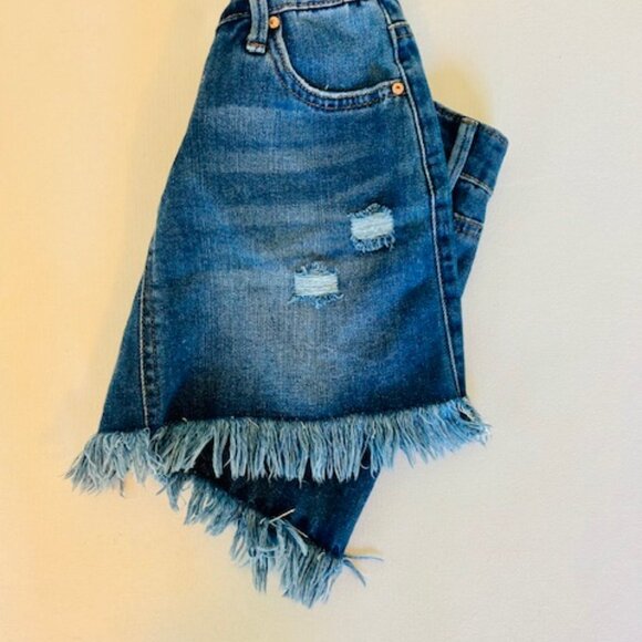Lisa Mini Stretch Denim Jean Skirt Distressed in Indigo w/ Raw Frayed Edge Hem - Picture 12 of 12